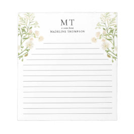 White Floral Wildflower Classic Monogram Lined Anteckningsblock
