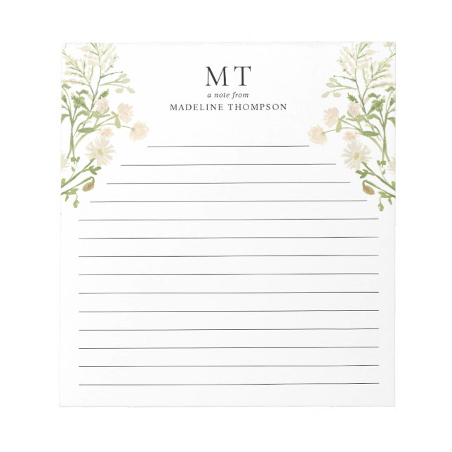 White Floral Wildflower Classic Monogram Lined Anteckningsblock (Framsida)