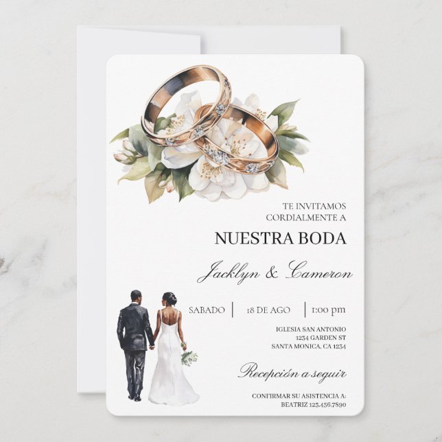 White Floral with ring Spanish Wedding Inbjudningar (Framsida)