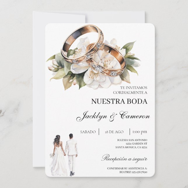 White Floral with ring Spanish Wedding Inbjudningar (Framsida)