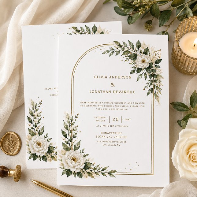 White Florals Sage Greenery Gold Båge Reception | Inbjudningar (Skapare uppladdad)