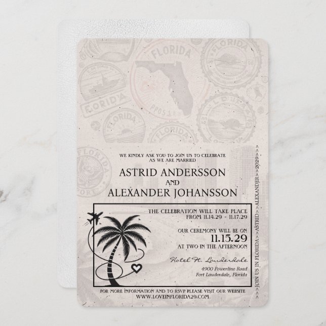 White Florida Passport Wedding-inbjudan Inbjudningar (Fram/baksida)