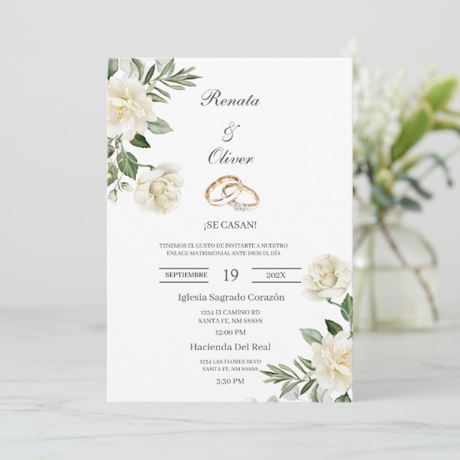 White flow wedding ring Spanish Wedding Invitation Inbjudningar (Stående Fram)