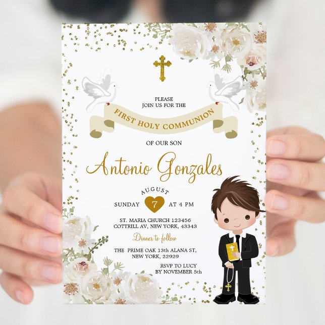 White Flower Boy First Heliga Communion Guld Glitt Inbjudningar (Skapare uppladdad)