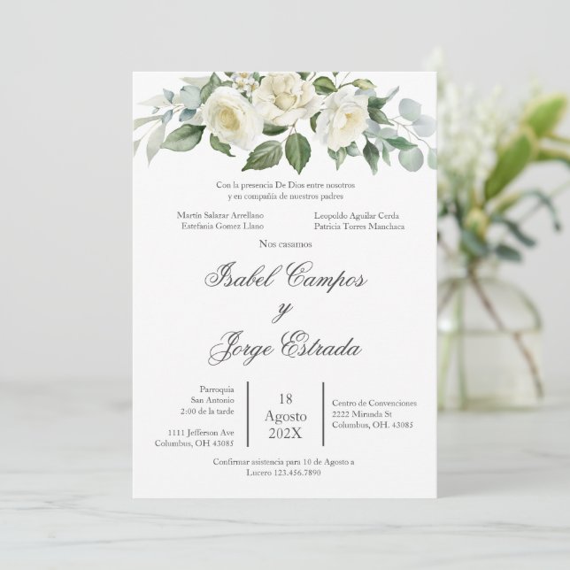 White flower Greenery Wedding Invitation Inbjudningar (Stående Fram)