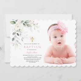 White Flowers Airy Löv Photo Girl Guld Baptism Inbjudningar