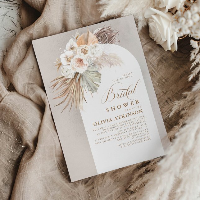 White Flowers and Pampas Grass Boho Möhippa Inbjudningar (Boho Beige Bridal Shower Invitations)