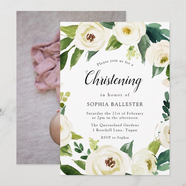 White Flowers Baby Photo Christening Baptism Inbjudningar (Fram/baksida)