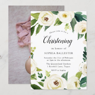 White Flowers Baby Photo Christening Baptism Inbjudningar