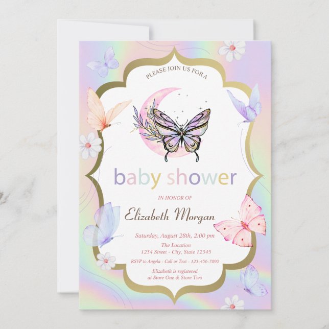 White Flowers Butterflies Holographic Baby Shower  Inbjudningar (Framsida)