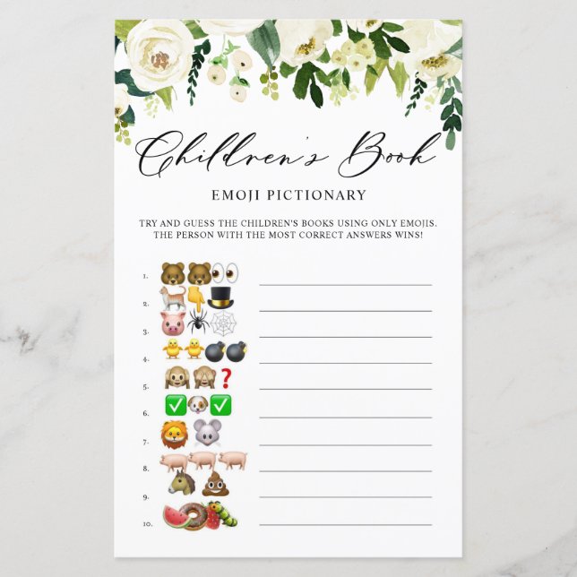 White Flowers Childrens Bok Emoji Pictionary Card (Framsida)