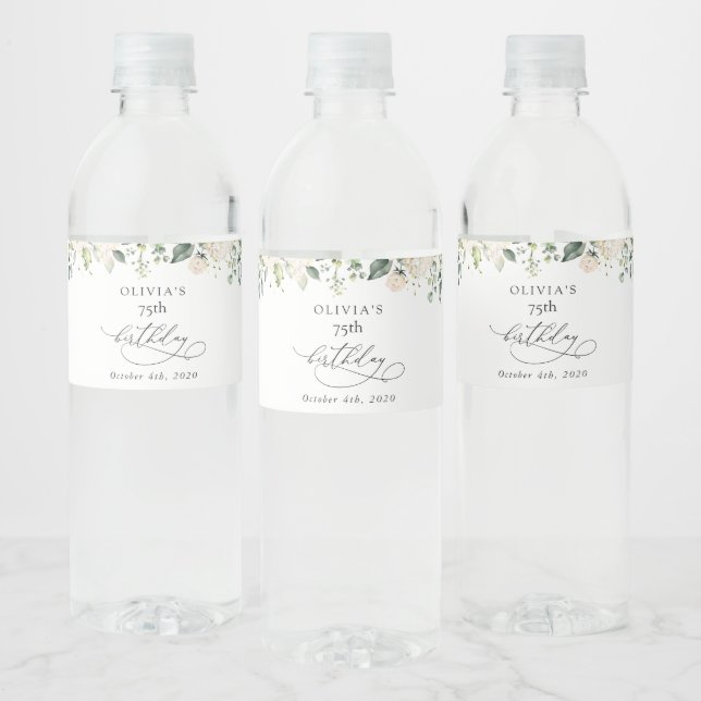 White Flowers, Cream Flowers, Boho, Birthday Vattenflaskor Etikett (Flaskor)