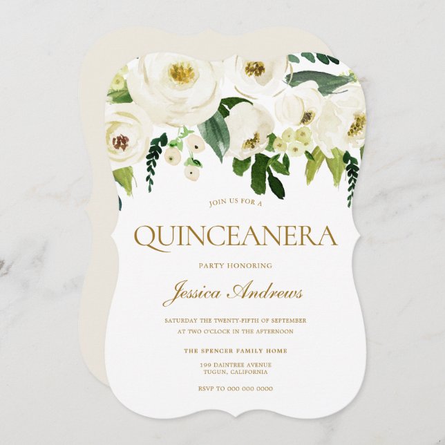 White Flowers & Cream Quinceanera Party Inbjudningar (Fram/baksida)