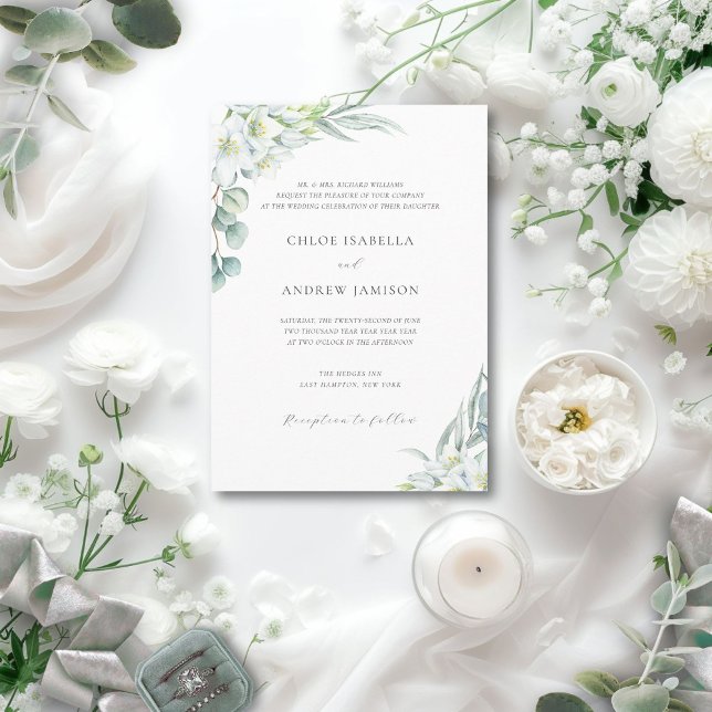 White Flowers & Elegant Greenery Bröllop med OSA Inbjudningar (This elegant invitation features white flowers and greenery for a minimalist, fine art wedding look)