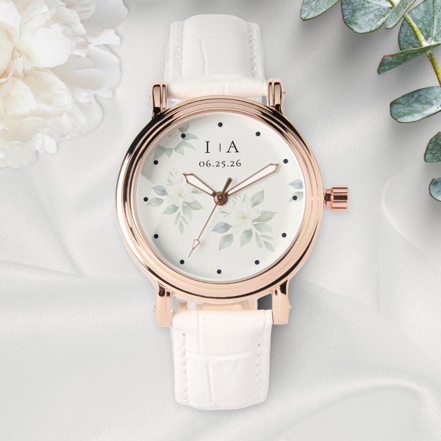White Flowers Elegant Personalized Couple Names Armbandsur (An elegant watch to personalize with the couple's initials and wedding date)