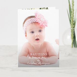 White Flowers Girl Photo 1st Birthday Baptism Inbjudan