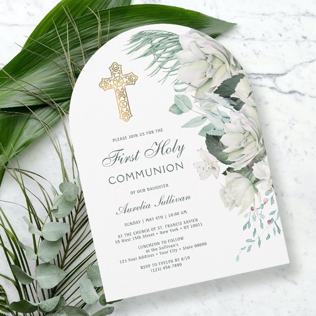 White Flowers Greenery Arch First Communion Inbjudningar (Skapare uppladdad)