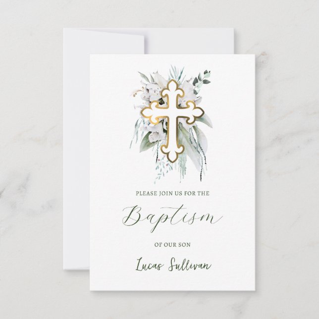 White Flowers Greenery Bouquet Baptism-inbjudan Inbjudningar (Framsida)