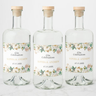 White Flowers & Greenery Bröllop Wood Spritflaskor Etikett