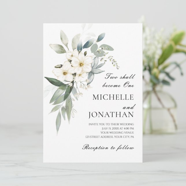 White Flowers Greenery Christian Bible Bröllop Inbjudningar (Stående Fram)