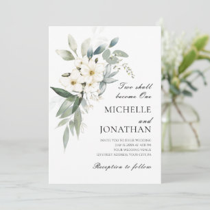 White Flowers Greenery Christian Bible Bröllop Inbjudningar