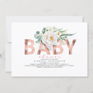 White Flowers Grey och Ro Guld Baby Shower Inbjudningar