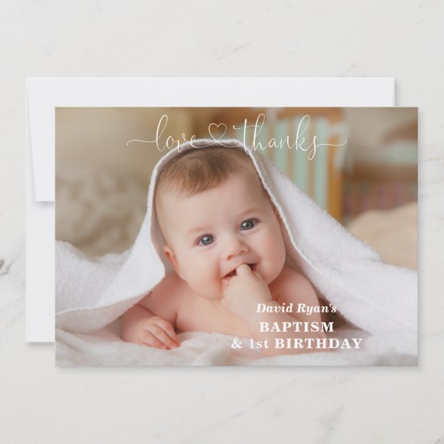 White Flowers Guld Boy Photo 1st Birthday Baptism Tack Kort (Framsida)