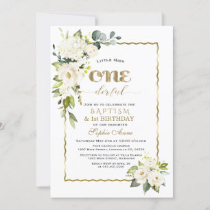 White Flowers Guld Girl First Birthday & Baptism Inbjudningar