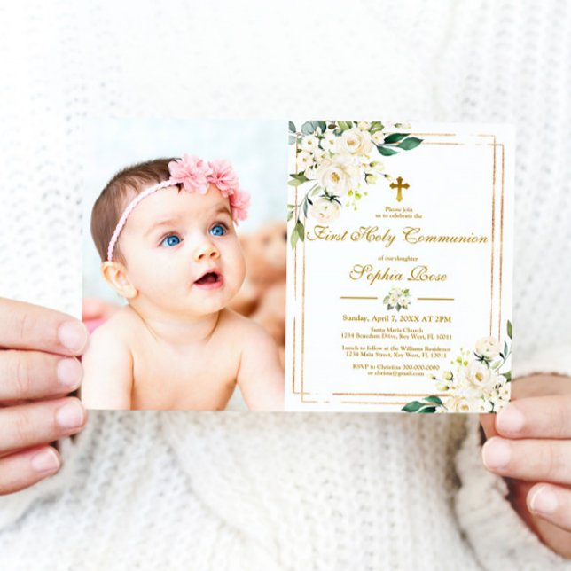 White Flowers & Guld Photo First Heliga Communion Inbjudningar (Skapare uppladdad)