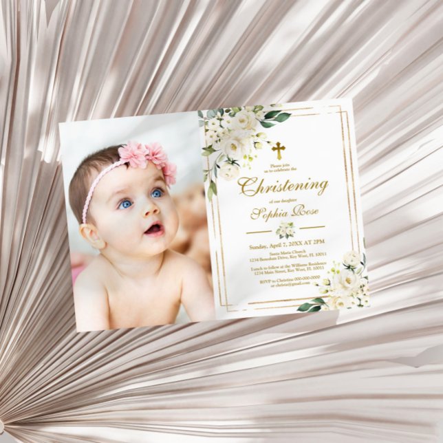 White Flowers & Guld Ram Photo Girl Christening Inbjudningar (Skapare uppladdad)