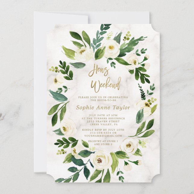 White Flowers Marble Hens Bachelorette Helg Inbjudningar (Framsida)