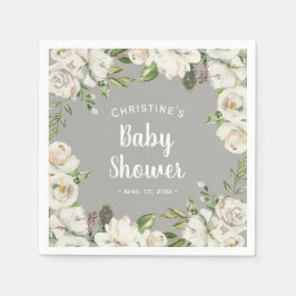 White Flowers Neutralt Grått Baby Shower Sprinkle Pappersservett