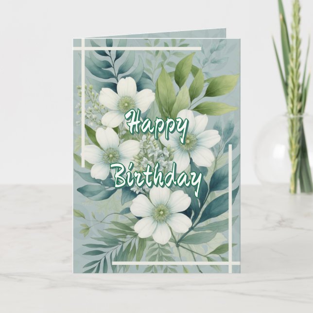White Flowers on Green Leaves Background Birthday Kort (Framsida)
