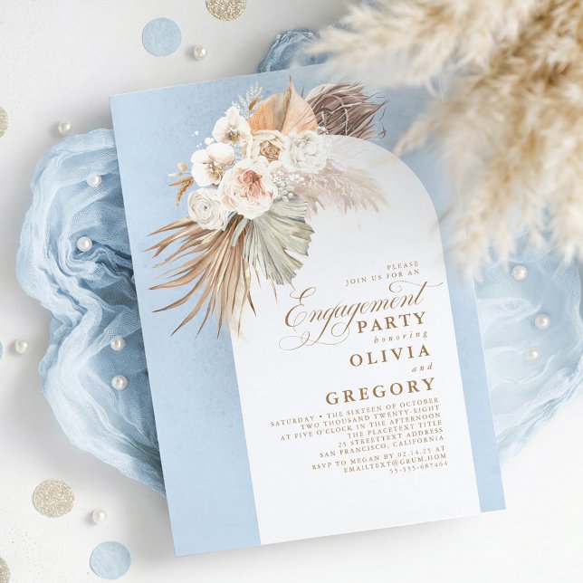 White Flowers Pampas Grass Boho Förlovningsfest Inbjudningar (Dusty Blue Chic Elegant Exotic Boho Engagement Party Invitations)