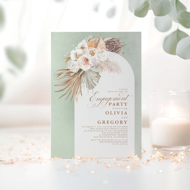 White Flowers Pampas Grass Boho Förlovningsfest Inbjudningar (Sage Boho Engagement Party Invitations)