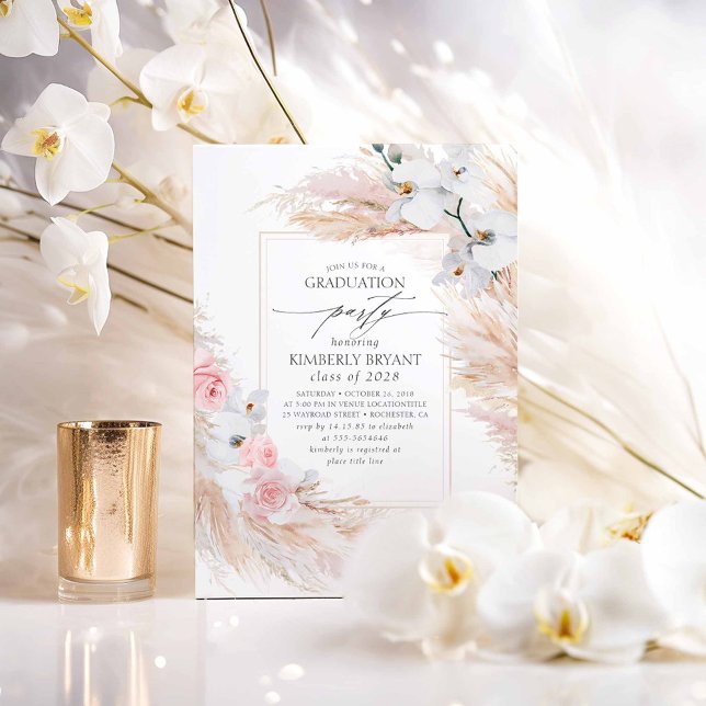 White Flowers Pampas Grass Södra Studenten Inbjudningar (Boho Pink Graduation Party Invitations With Pampas Grass and White Orchids)
