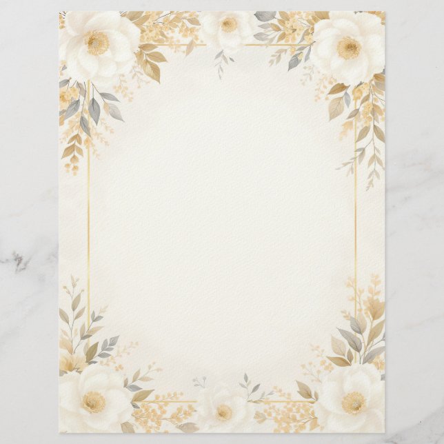 White Flowers with Gold Accents Stationery Paper Brevhuvud (Framsida)