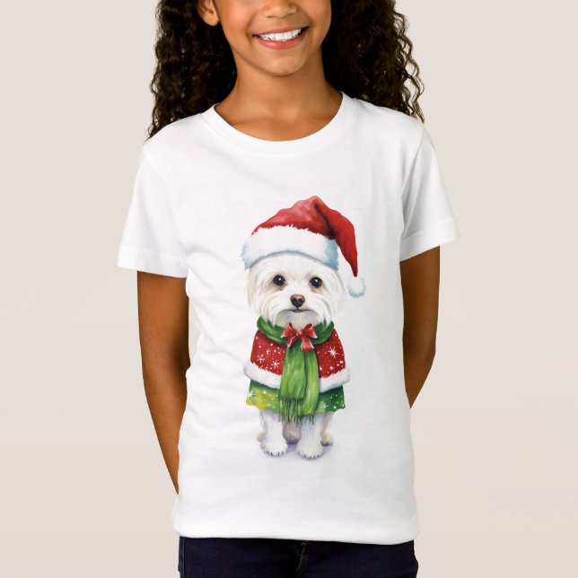 White Fluffy jul Hund Kids Shirt - Roligt Julafton T Shirt (Framsida)