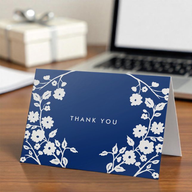 White Folk Flowers Navy Blue Tack Anpassningsbar Kort (Skapare uppladdad)
