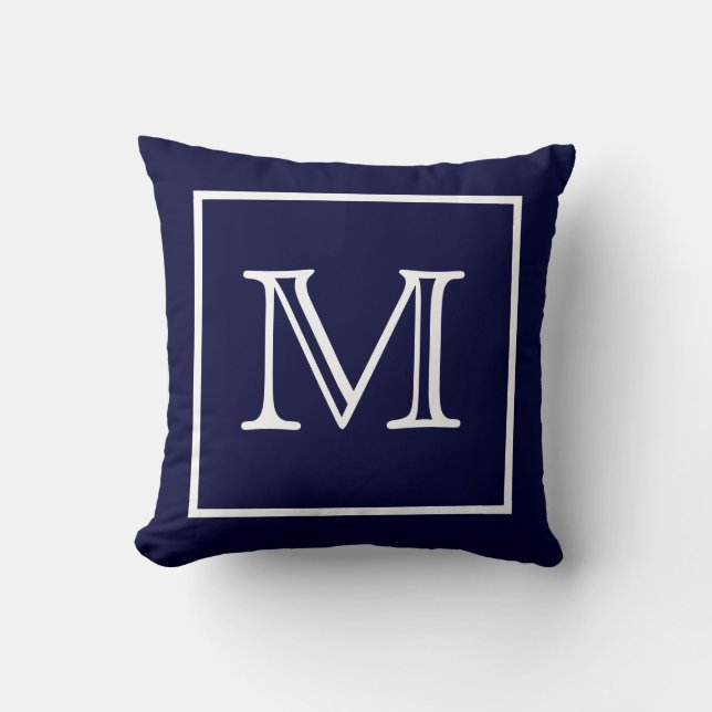 White Framed Blue Monogram American MoJo Pillow Kudde (Framsida)