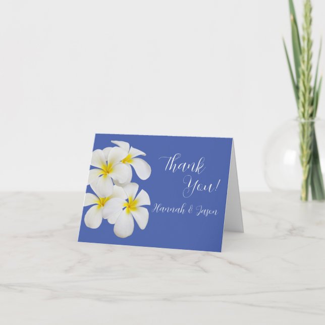 White Frangipani Flowers, Blue, Blommigt Bröllop Tack Kort (Framsida)