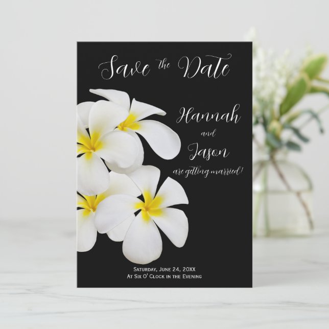 White Frangipani Flowers, Tropical, Save Date Inbjudningar (Stående Fram)