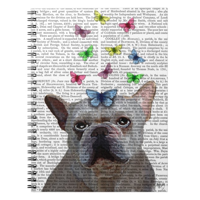 White Fransk Bulldog and Butterflies Anteckningsbok Med Spiral (Framsidan)