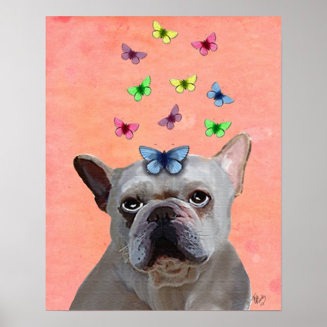 White Fransk Bulldog and Butterflies Poster (Framsidan)