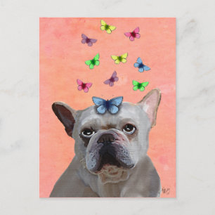 White Fransk Bulldog and Butterflies Vykort