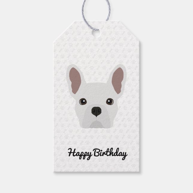 White Fransk Bulldog Birthday Presentetikett (Framsidan)