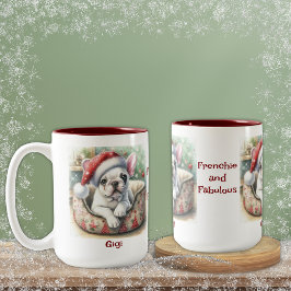 White Frenchie, i Santa Hat, Helgdag Bed Två-Tonad Mugg