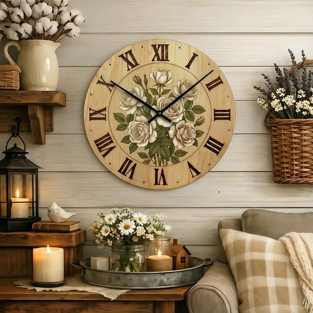 White Garden Flowers Wall Clock Stor Klocka (Skapare uppladdad)