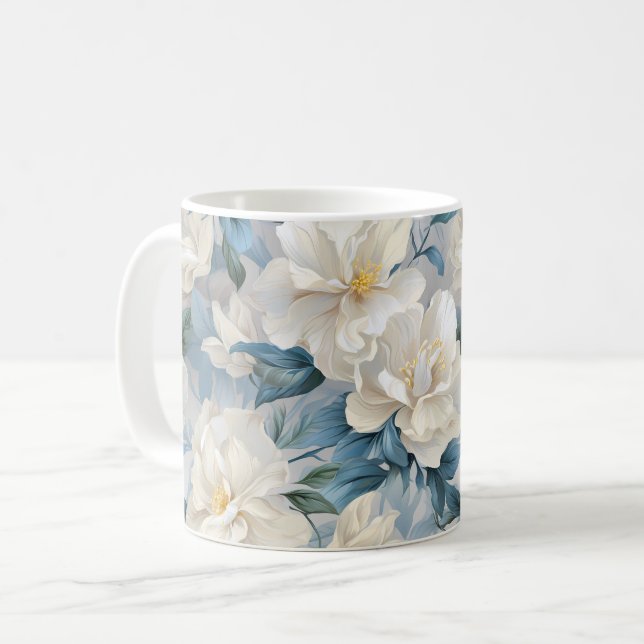 White Gardenia Flowers Mönster Kaffemugg (Framsida vänster)