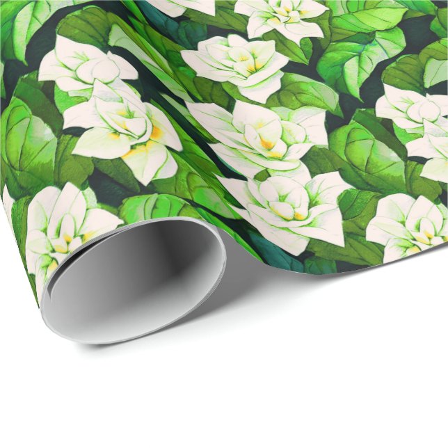 White Gardenias och Jade Grönt Lövs Presentpapper (Rullad Hörn)